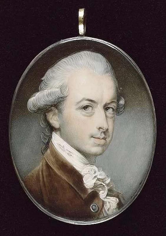 Ritratto di William Hayley (1745 - 1820), che indossa un cappotto marrone con bottoni d'argento, camicia bianca a balze
